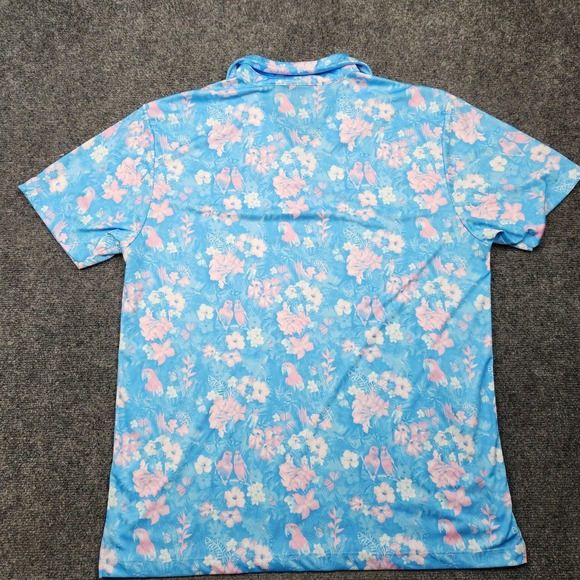 Bad Birdie Polo Shirt Mens 2XL Blue Pink Floral Bird Print Golf Performance - Picture 3 of 7